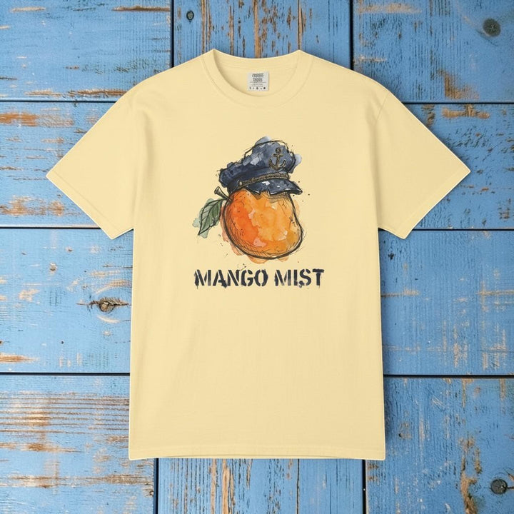 Yellow t-shirt with a mango graphic and &