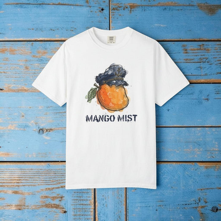 White t-shirt with a mango graphic and &