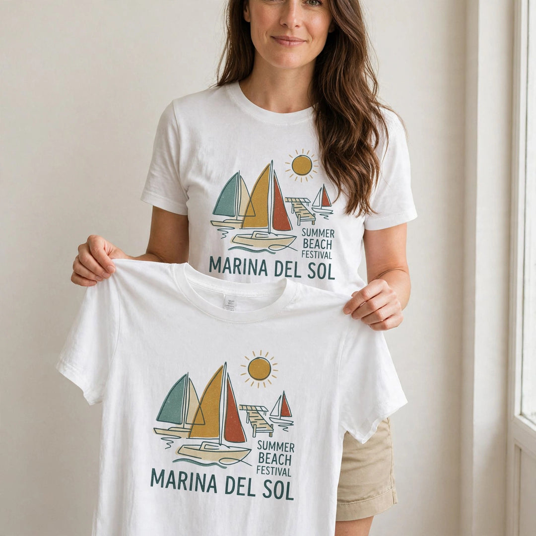 Woman wearing the Marina Del Sol Sailboats Tee in White, holding up the front print.