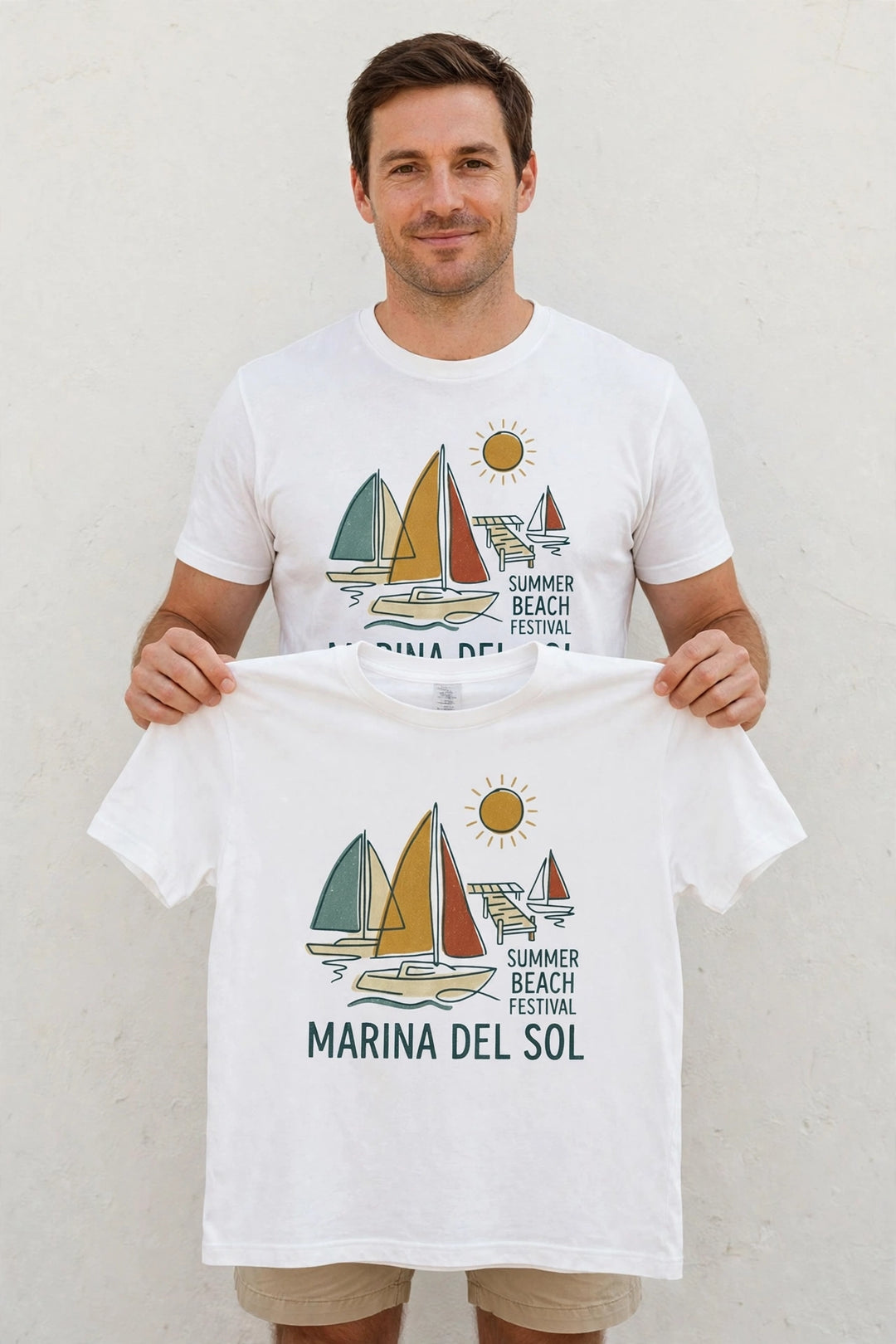 Man wearing the Marina Del Sol Sailboats Tee in White, holding up the front print.