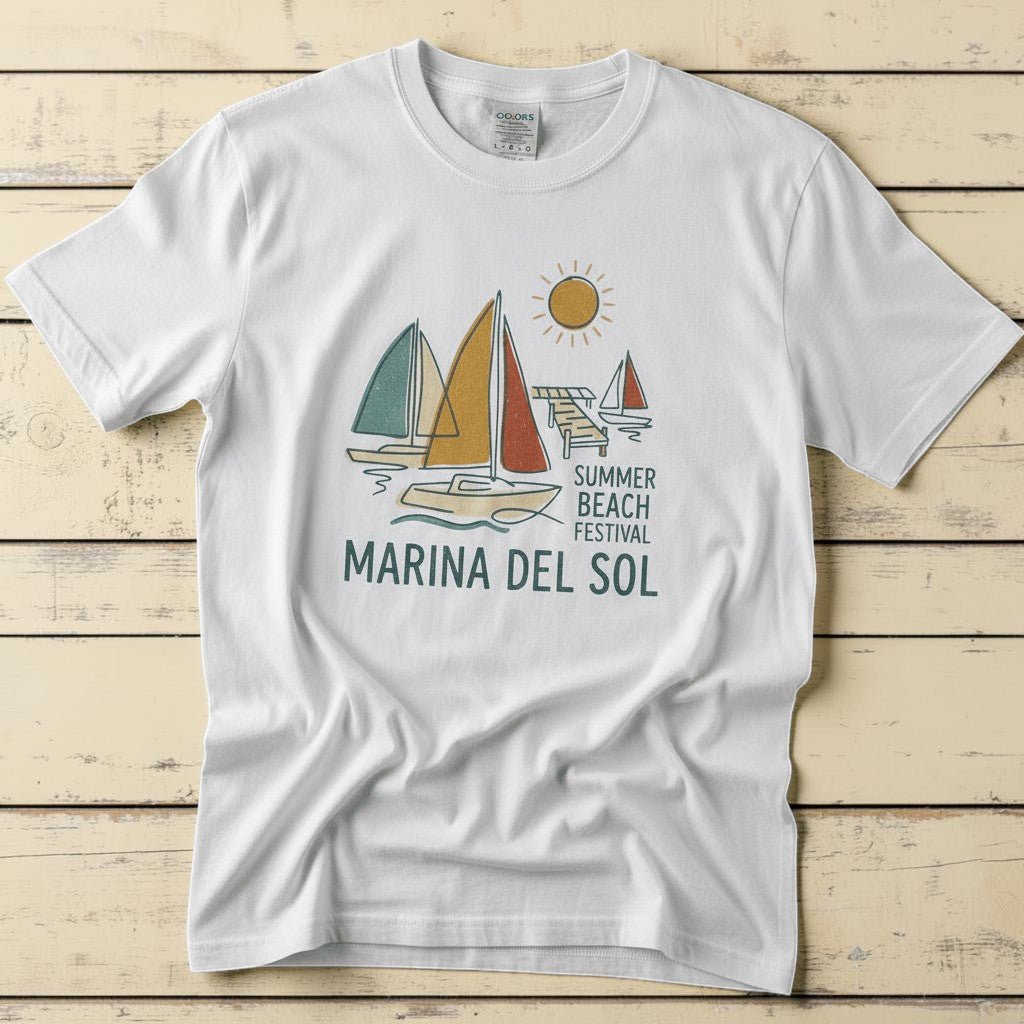 Marina Del Sol Sailboats white garment-dyed tee on weathered wood planks