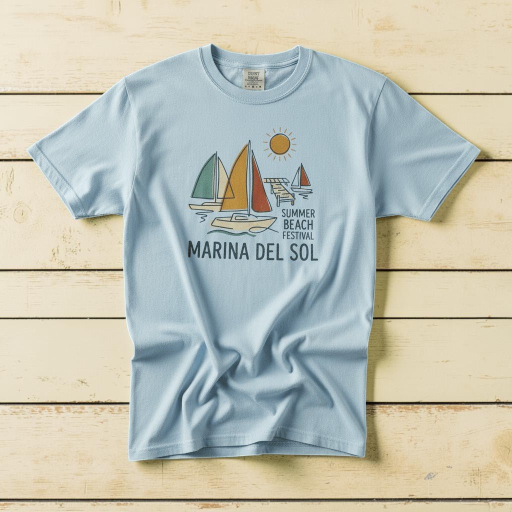 Marina Del Sol Sailboats chambray garment-dyed tee on weathered wood planks
