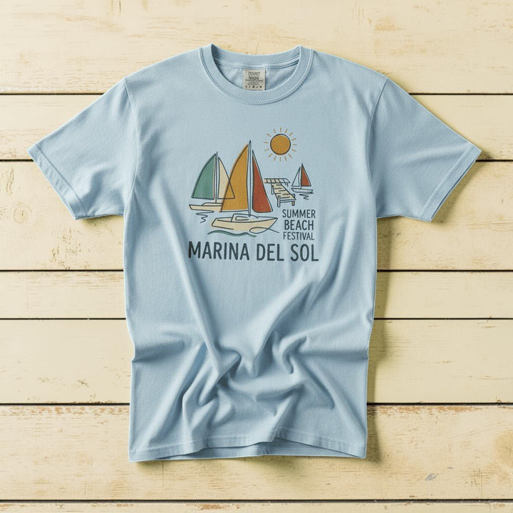 Marina Del Sol Sailboats chambray garment-dyed tee on weathered wood planks