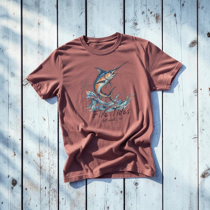 Marlin Surf brick garment-dyed tee on light cracked cement with wet marks