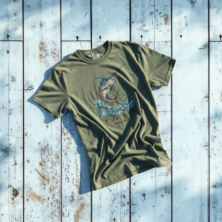 Marlin Surf sage garment-dyed tee on light cracked cement with wet marks