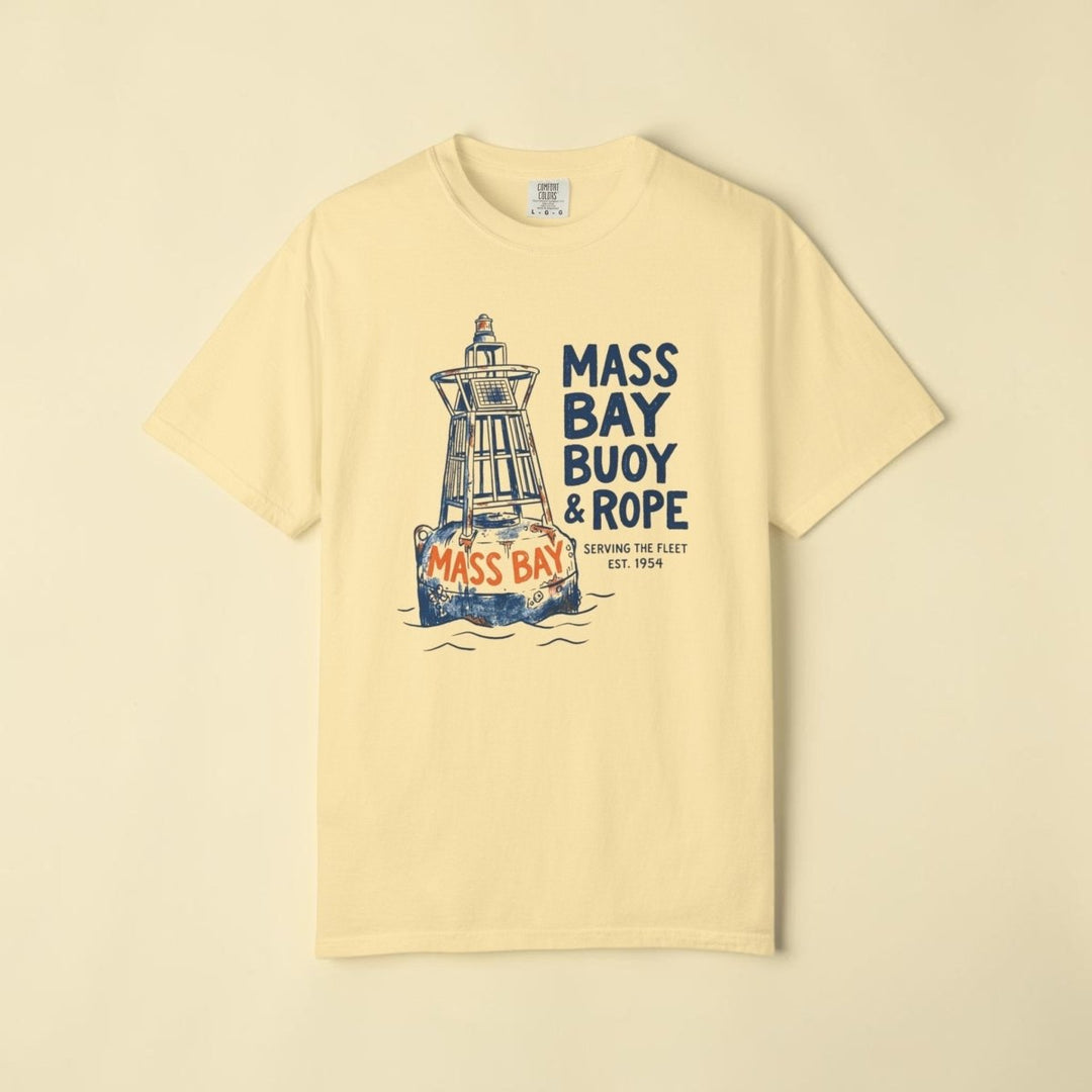 Yellow t-shirt with a graphic of a lighthouse and &