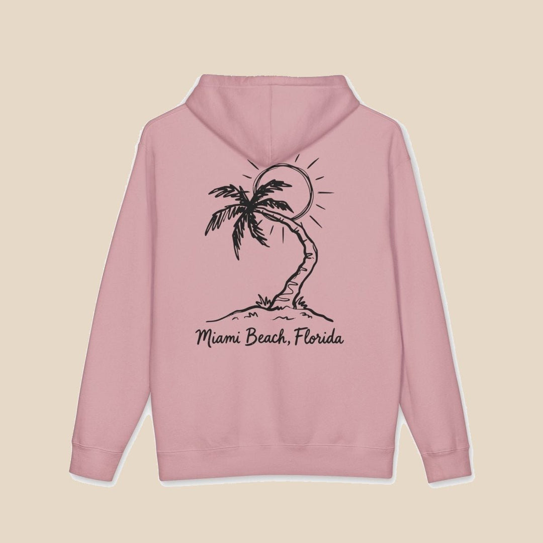 Miami Beach Palm Tree hoodie flat lay, view 3 — coastal sunset graphic pullover by Five Tides Apparel