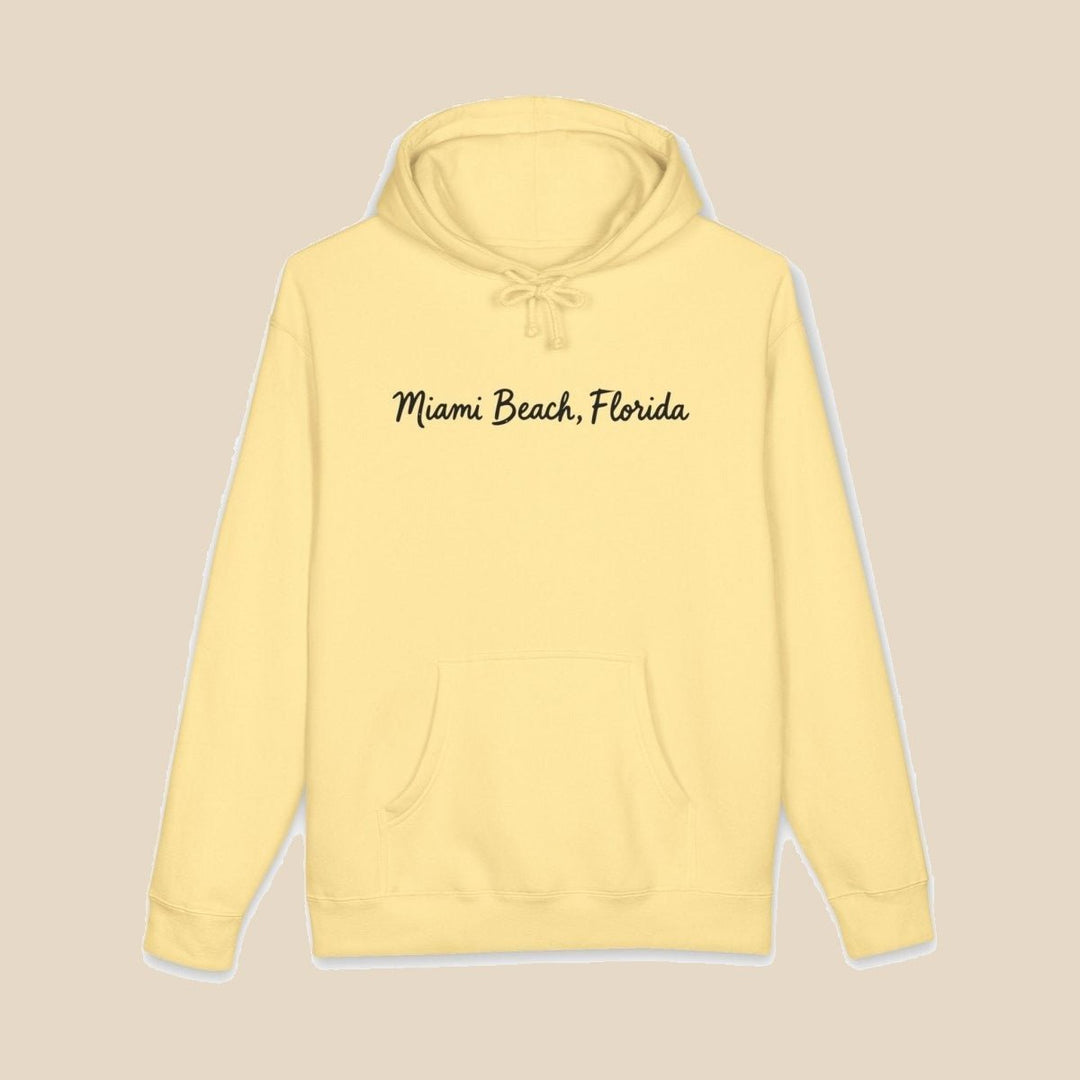 Miami Beach Palm Tree hoodie flat lay, view 6 — coastal sunset graphic pullover by Five Tides Apparel