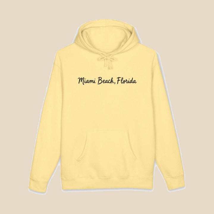 Miami Beach Palm Tree hoodie flat lay, view 6 — coastal sunset graphic pullover by Five Tides Apparel