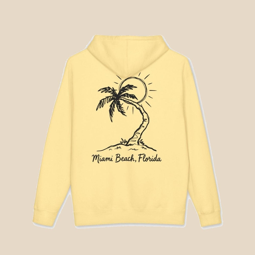 Miami Beach Palm Tree hoodie flat lay, view 1 — coastal sunset graphic pullover by Five Tides Apparel