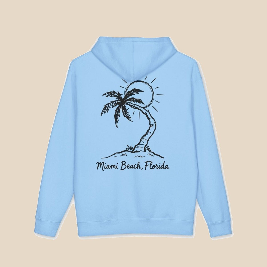 Miami Beach Palm Tree hoodie flat lay, view 2 — coastal sunset graphic pullover by Five Tides Apparel