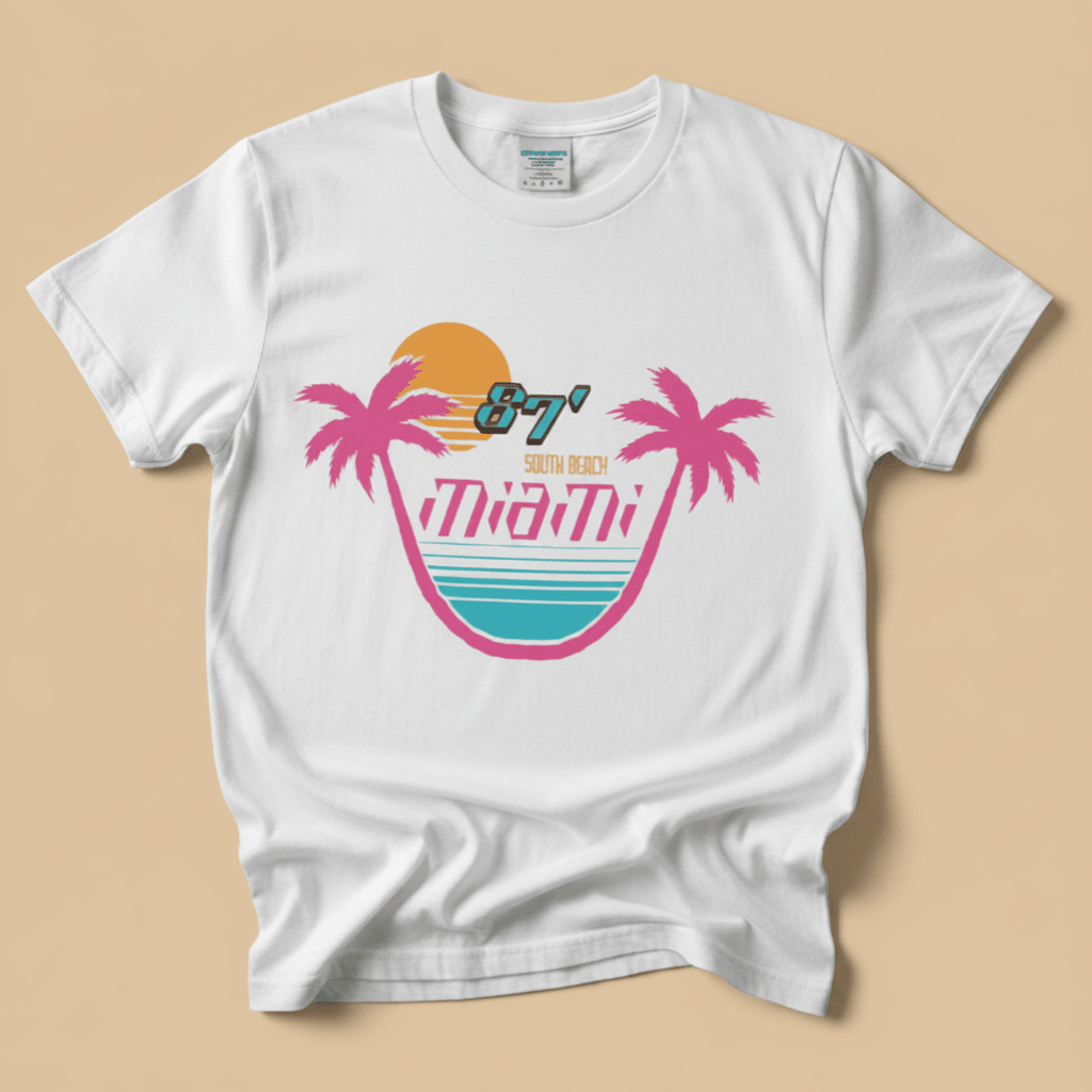 87' Miami Tee in White — front graphic, warm sand studio background