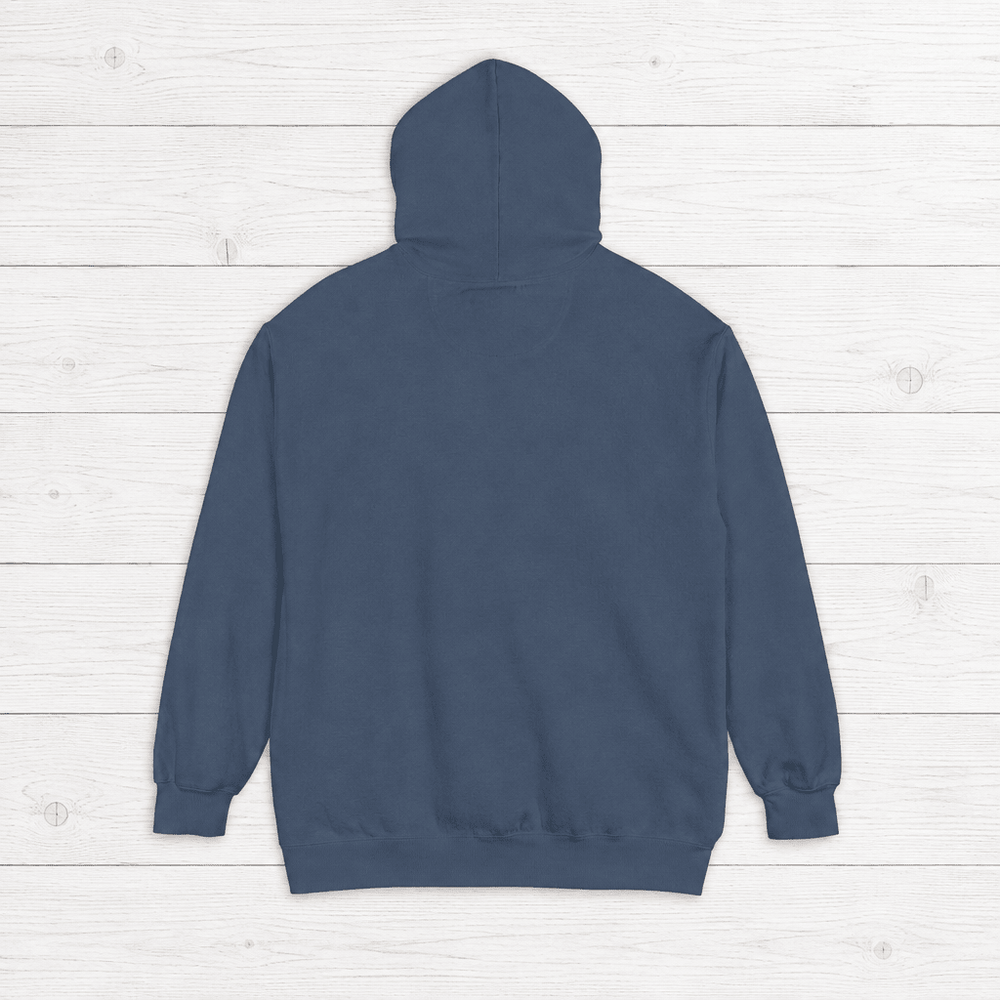 True Navy Montauk hoodie back, plain rear view on whitewashed boards by Five Tides Apparel