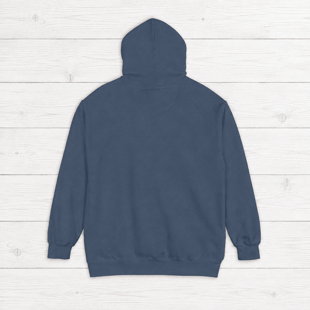 True Navy Montauk hoodie back, plain rear view on whitewashed boards by Five Tides Apparel