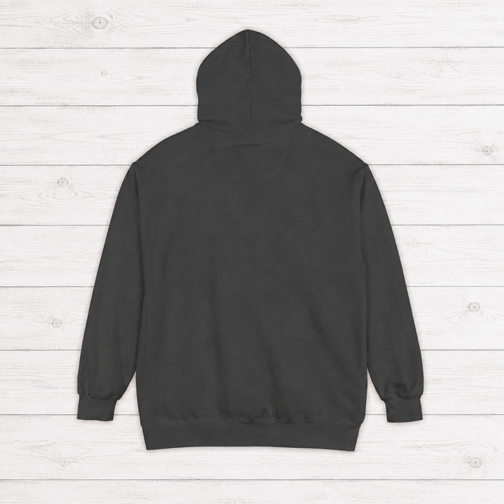 Pepper Montauk hoodie back, plain rear view on whitewashed boards by Five Tides Apparel
