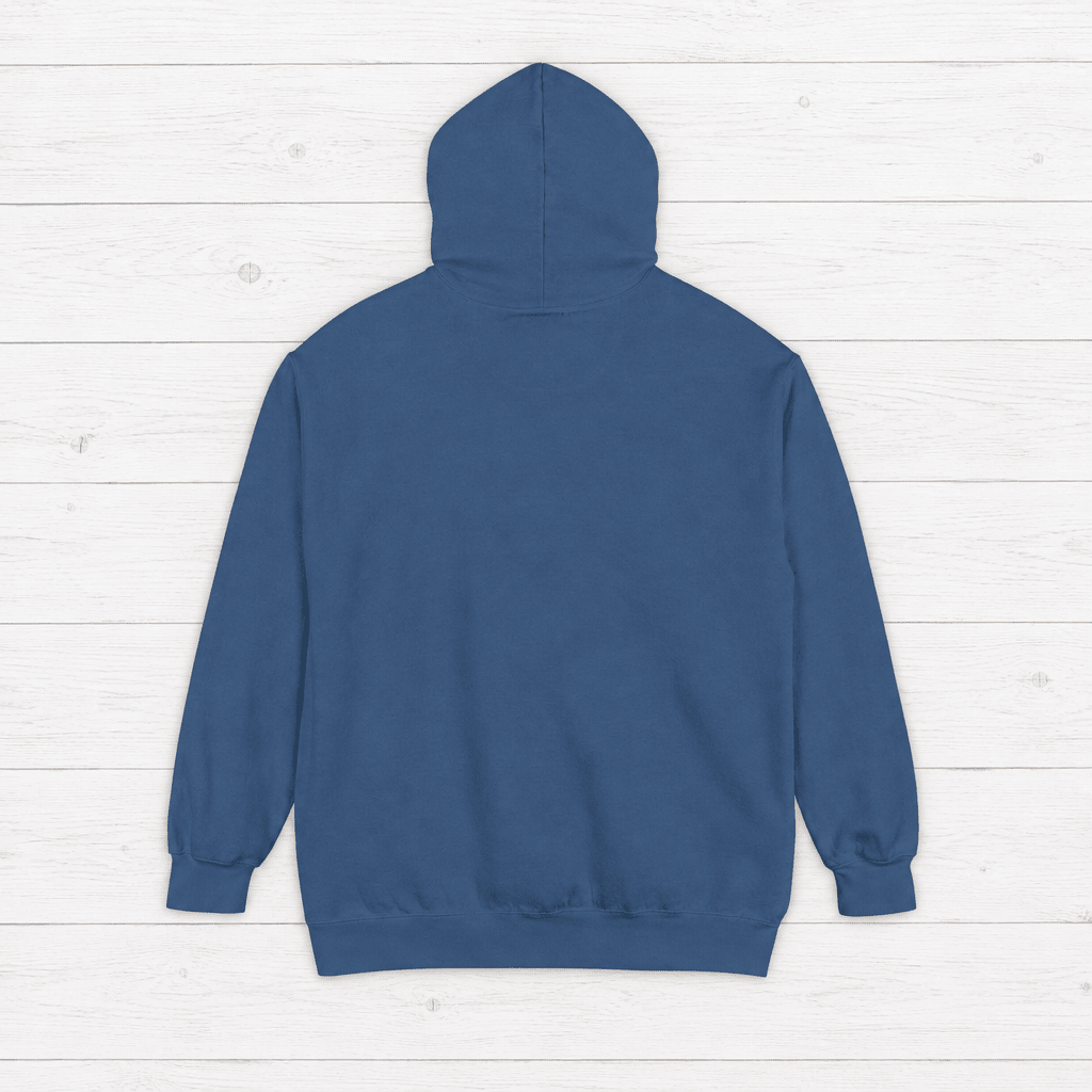 Denim Montauk hoodie back, plain rear view on whitewashed boards by Five Tides Apparel