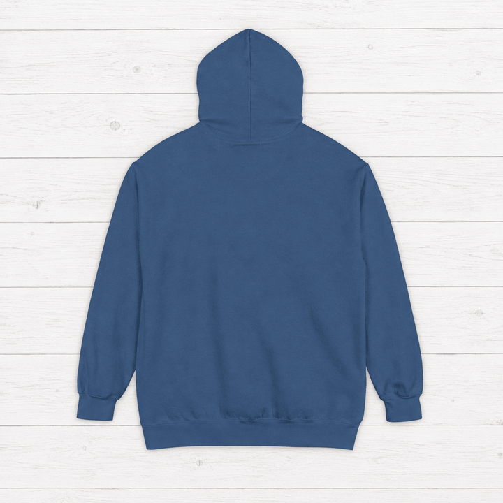 Denim Montauk hoodie back, plain rear view on whitewashed boards by Five Tides Apparel