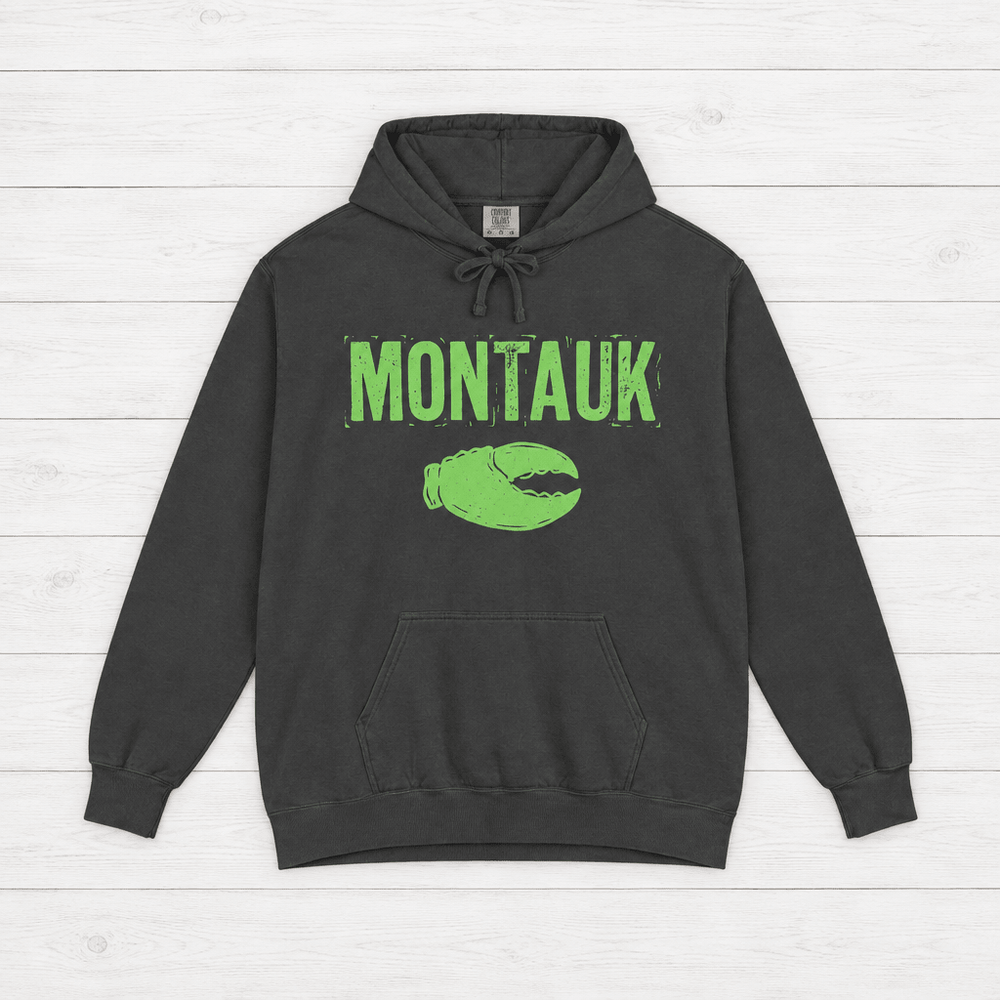 Pepper Montauk hoodie front with distressed neon-green lettering and lobster-claw graphic.
