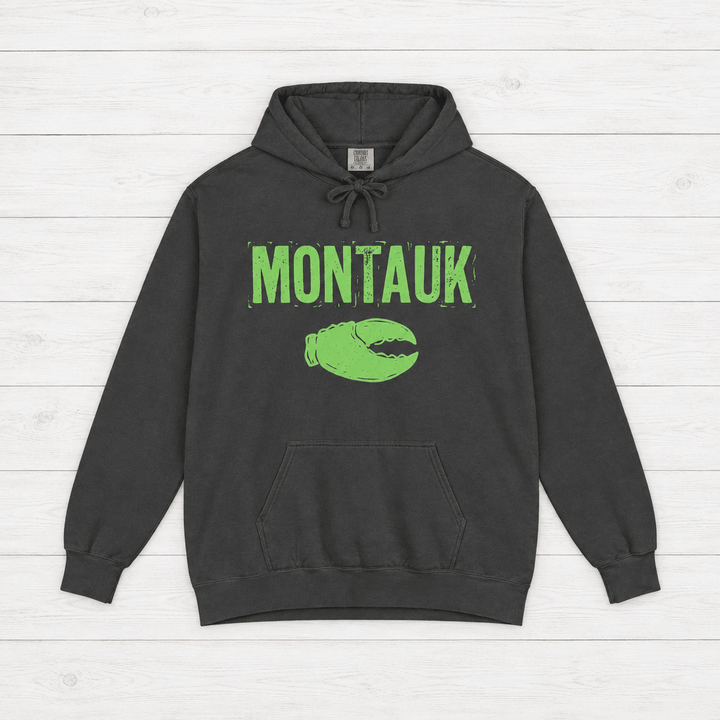 Pepper Montauk hoodie front with distressed neon-green lettering and lobster-claw graphic by Five Tides Apparel