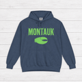 True Navy Montauk hoodie front with distressed neon-green lettering and lobster-claw graphic by Five Tides Apparel