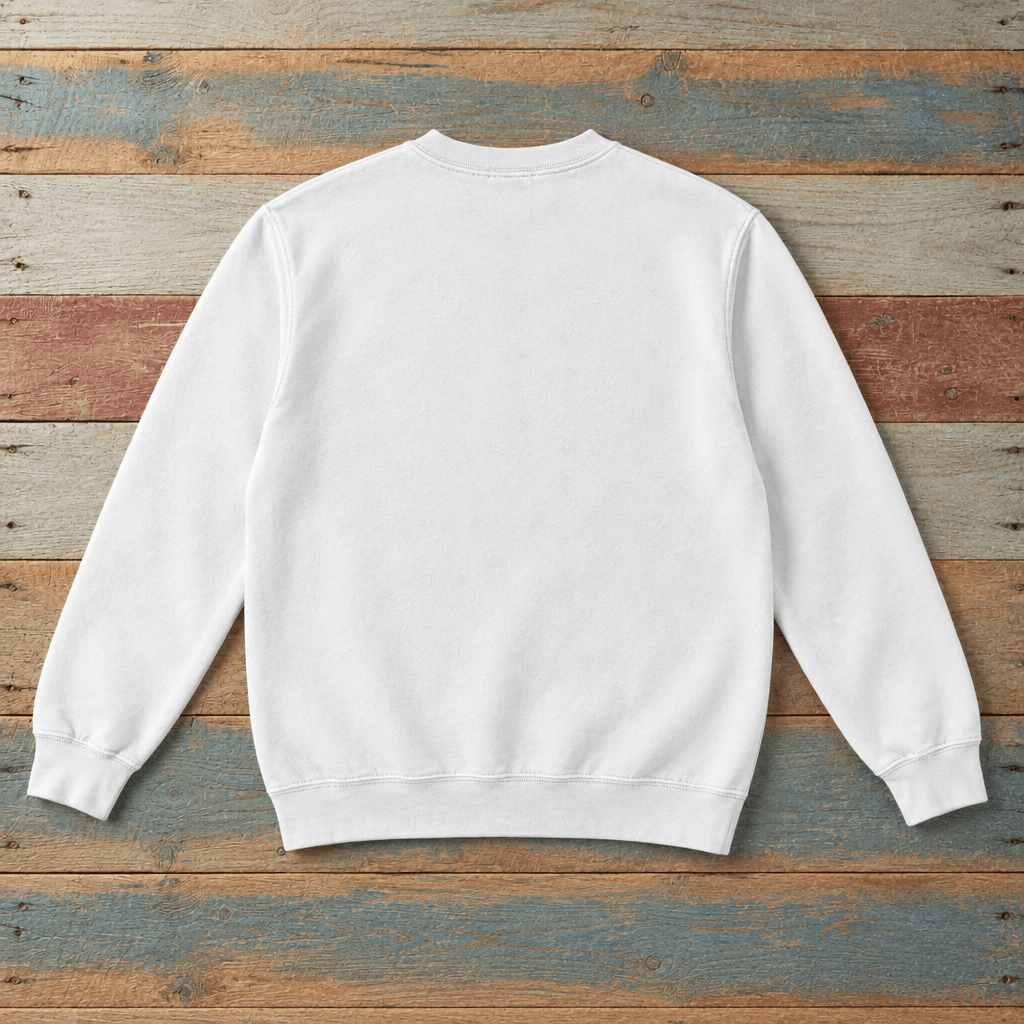 Plain back of Montauk crewneck sweatshirt in White on colorful weathered driftwood boards