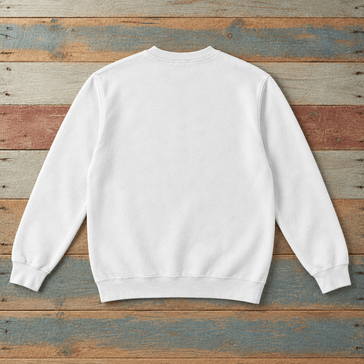 Plain back of Montauk crewneck sweatshirt in White on colorful weathered driftwood boards