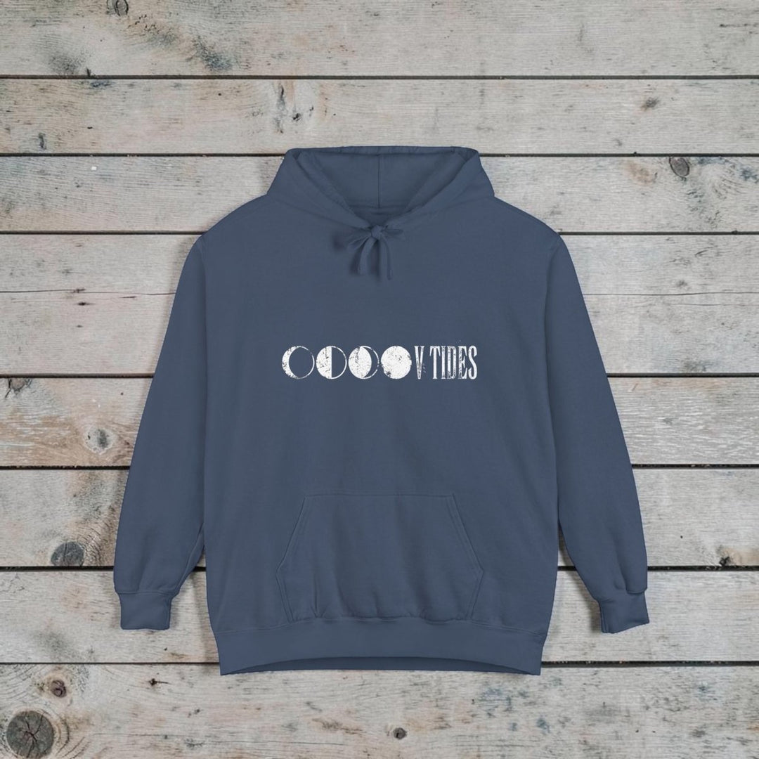 Moon Phases Vibes Garment-Dyed Hoodie — Lunar Graphic Pullover - FIVE TIDES APPAREL