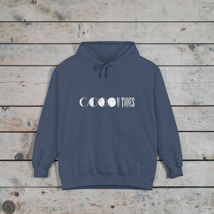 Moon Phases Vibes Garment-Dyed Hoodie — Lunar Graphic Pullover - FIVE TIDES APPAREL