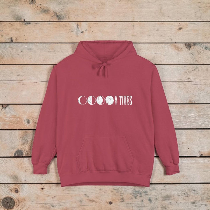 Moon Phases Vibes Garment-Dyed Hoodie — Lunar Graphic Pullover - FIVE TIDES APPAREL