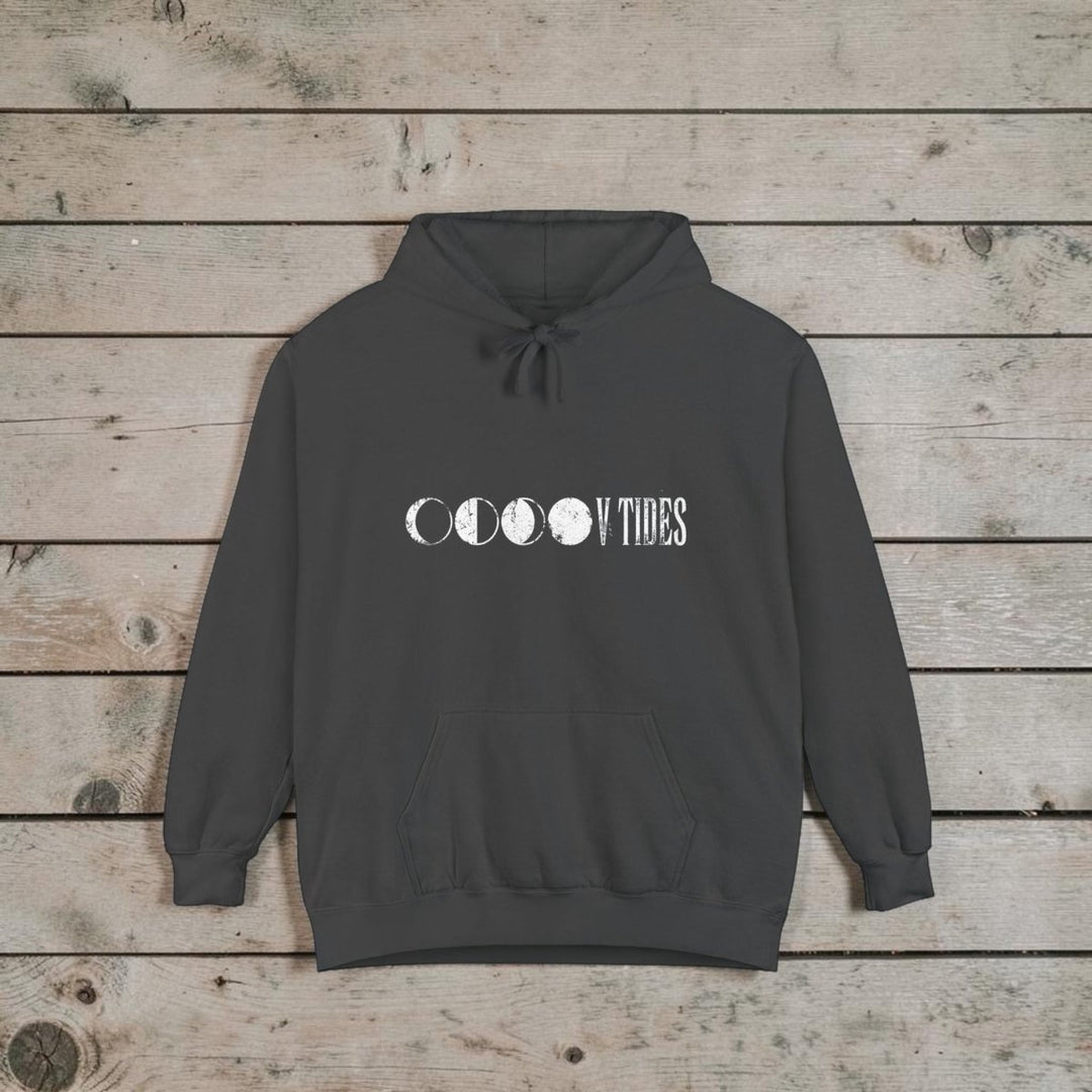 Moon Phases Vibes Garment-Dyed Hoodie — Lunar Graphic Pullover - FIVE TIDES APPAREL