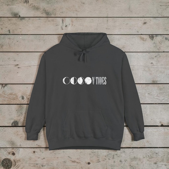 Moon Phases Vibes Garment-Dyed Hoodie — Lunar Graphic Pullover - FIVE TIDES APPAREL