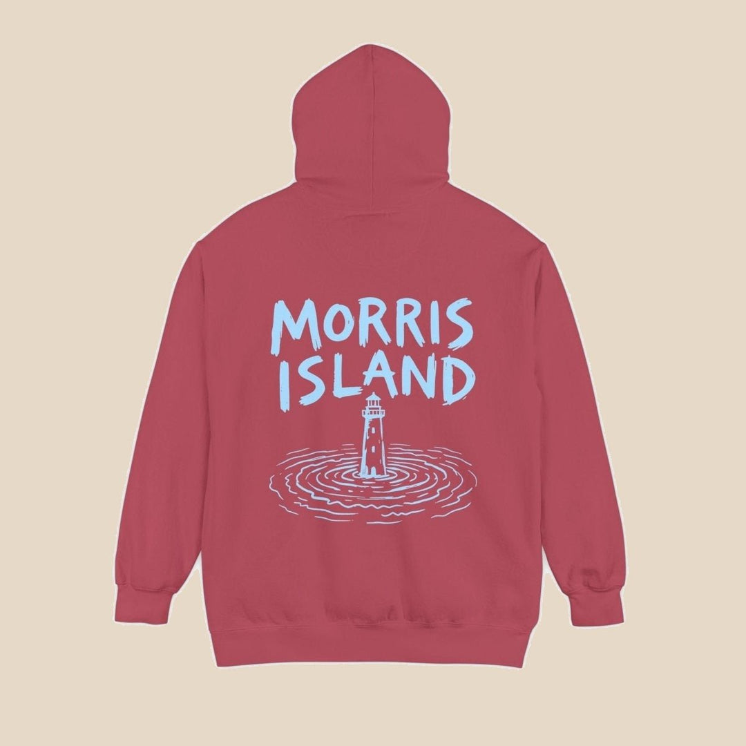Morris Island coastal crimson hoodie back view — coastal graphic pullover by Five Tides Apparel