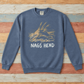 Nags Head crewneck front in Denim with weathered-gold dune graphic on colorful weathered driftwood boards
