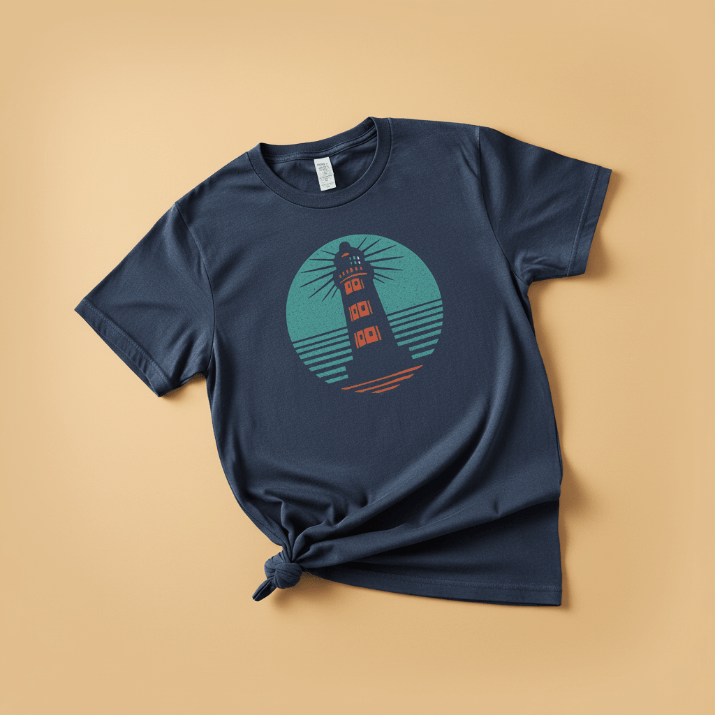 Nautical Lighthouse Tee in China Blue — front graphic, warm sand studio background