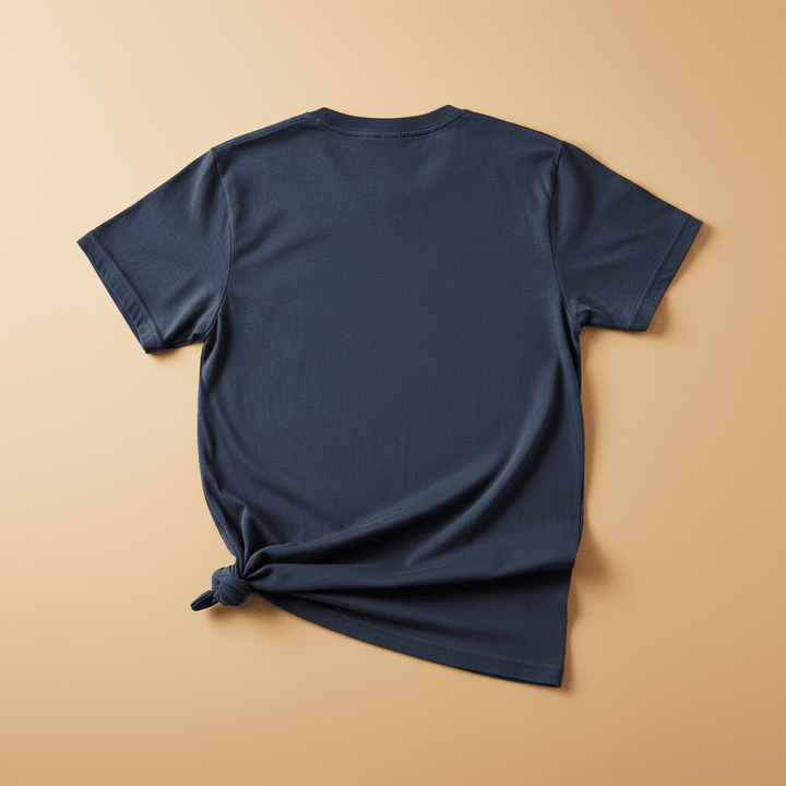 Nautical Lighthouse Tee in China Blue — plain back, warm sand studio background