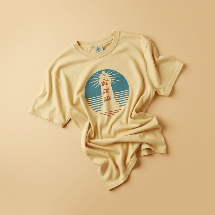 Nautical Lighthouse Tee in Banana Yellow — front graphic, warm sand studio background