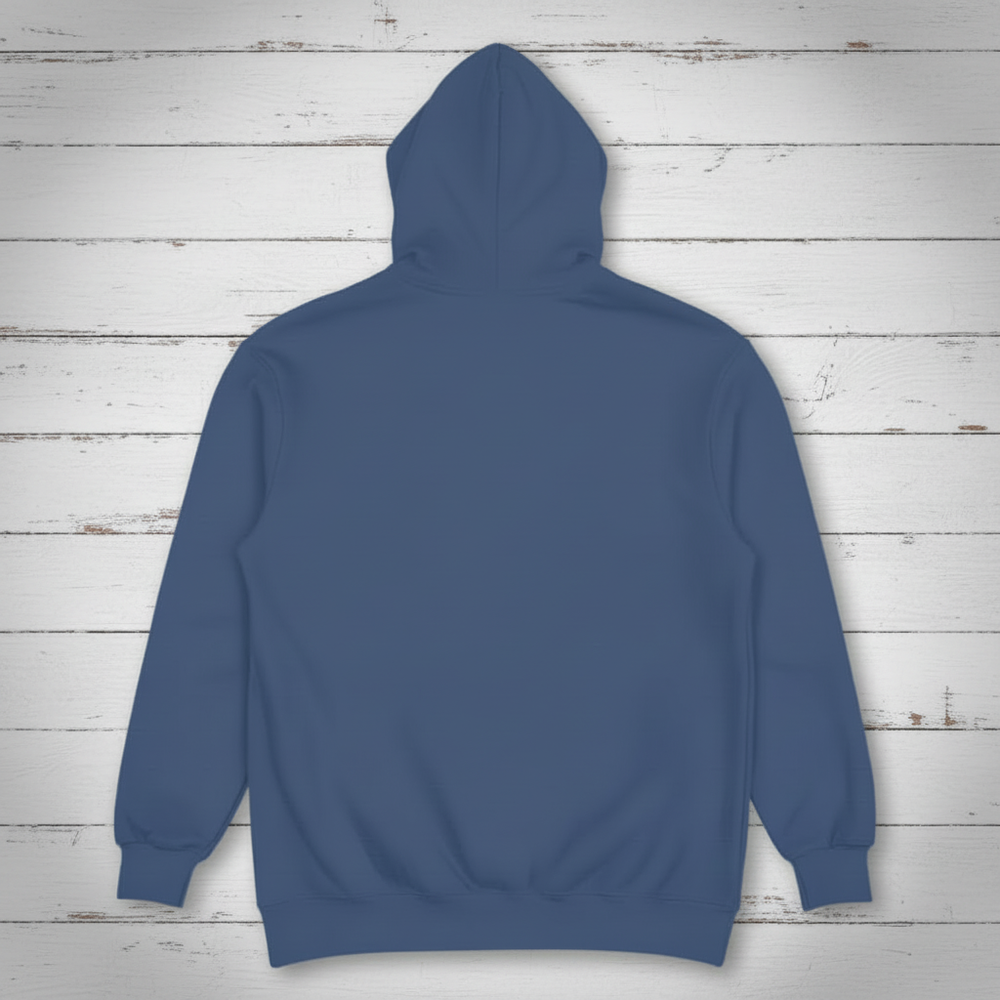 Navy hoodie back on whitewashed boards