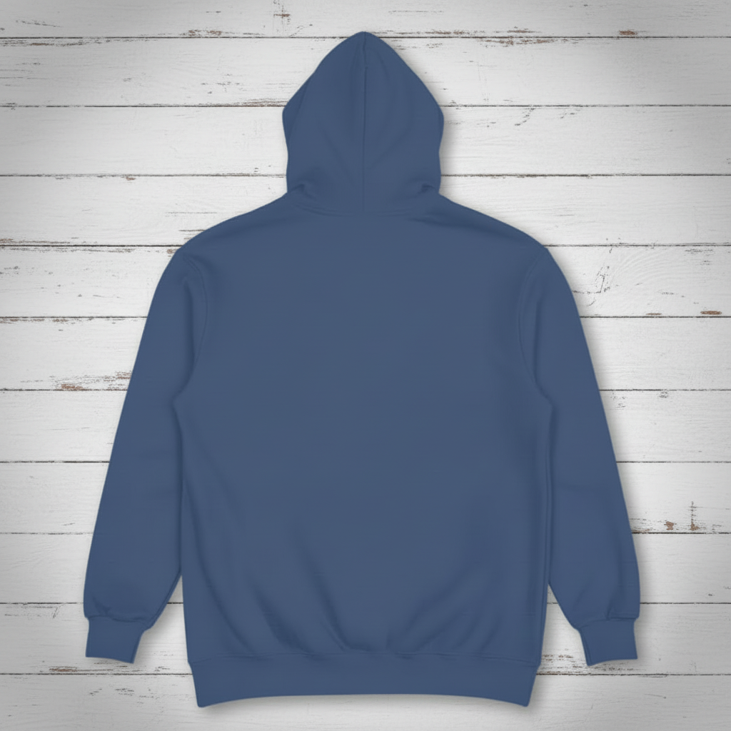 Navy hoodie back on whitewashed boards