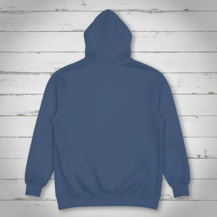 Navy hoodie back on whitewashed boards
