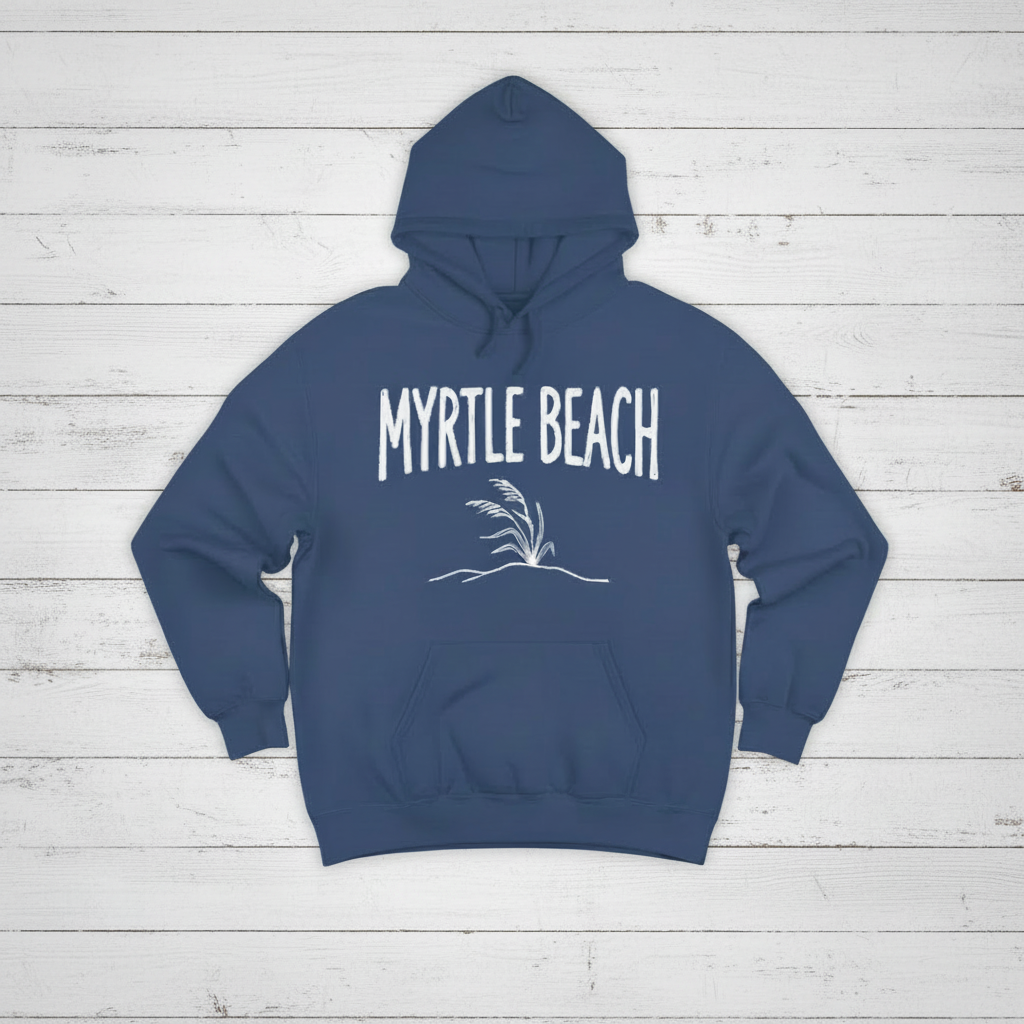 Navy hoodie front on whitewashed boards