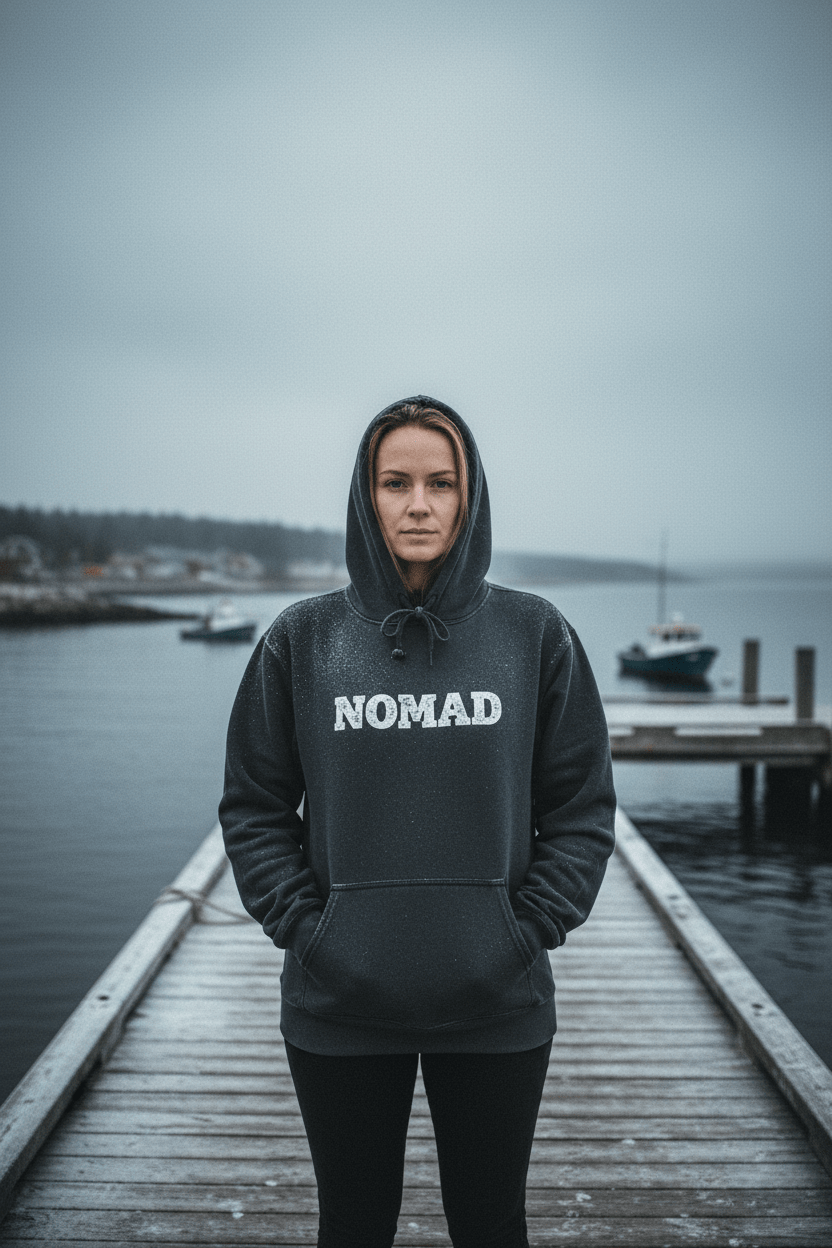 Female model wearing Nomad Garment-Dyed Hoodie in Pepper on a moody Maine winter coastal dock