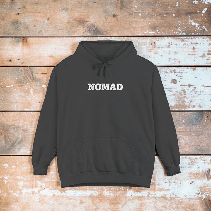 Dark gray hoodie with text on the chest against a white background