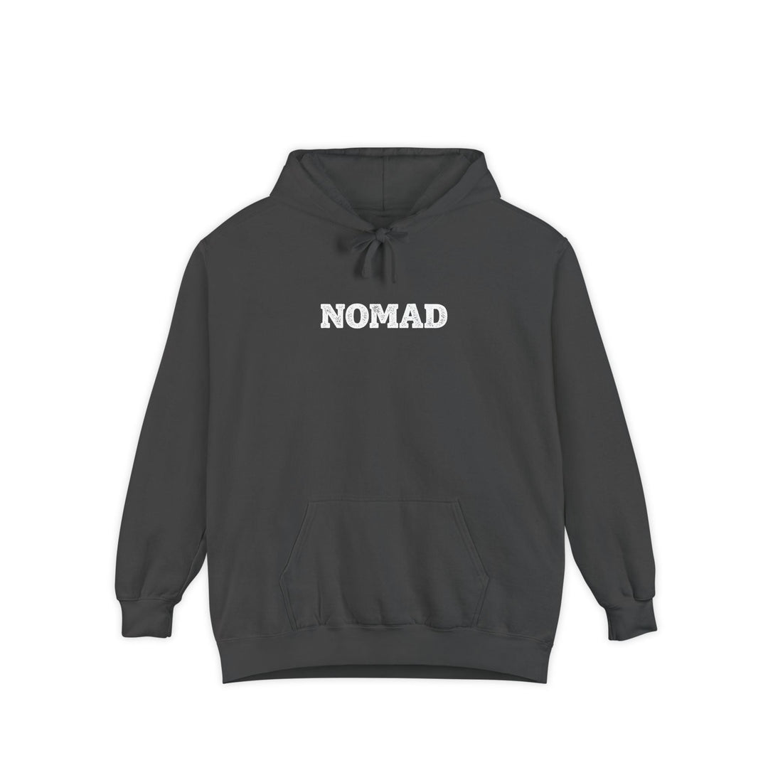 Dark gray hoodie with text on the chest against a white background