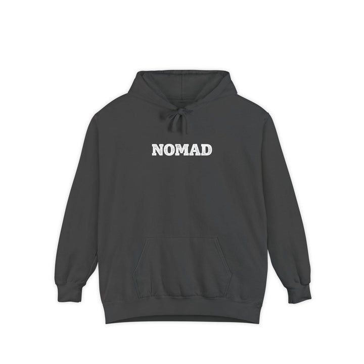 Dark gray hoodie with text on the chest against a white background