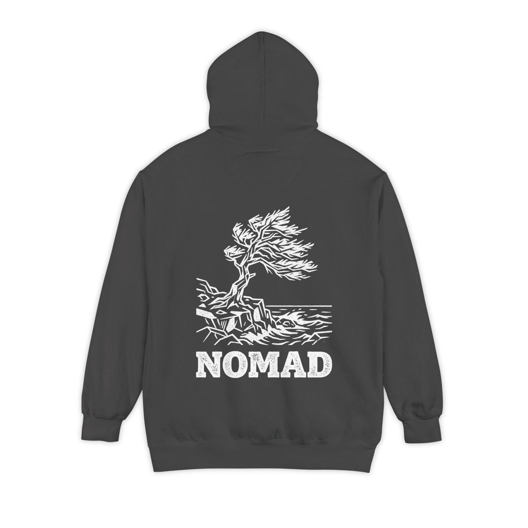 Dark gray hoodie with white graphic and &