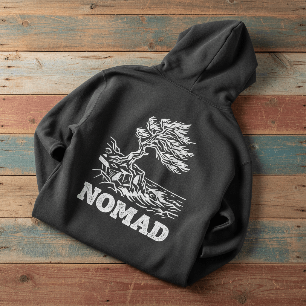 Nomad Garment-Dyed Hoodie in Pepper — back windswept tree graphic on driftwood