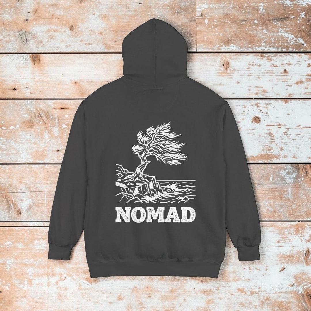 Dark gray hoodie with white graphic and &