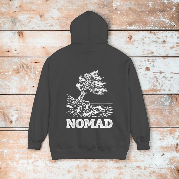 Dark gray hoodie with white graphic and &