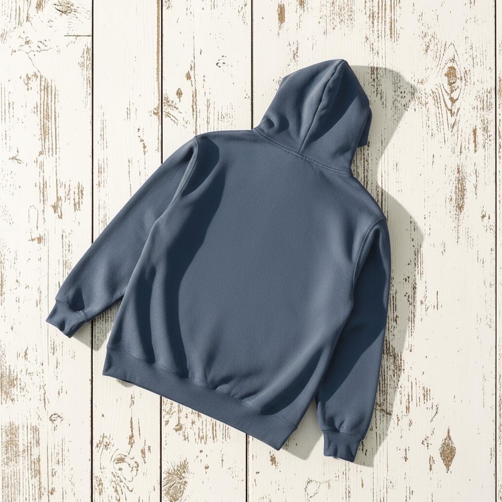 NOMAD Hoodie in Blue — plain back, warm sand studio background