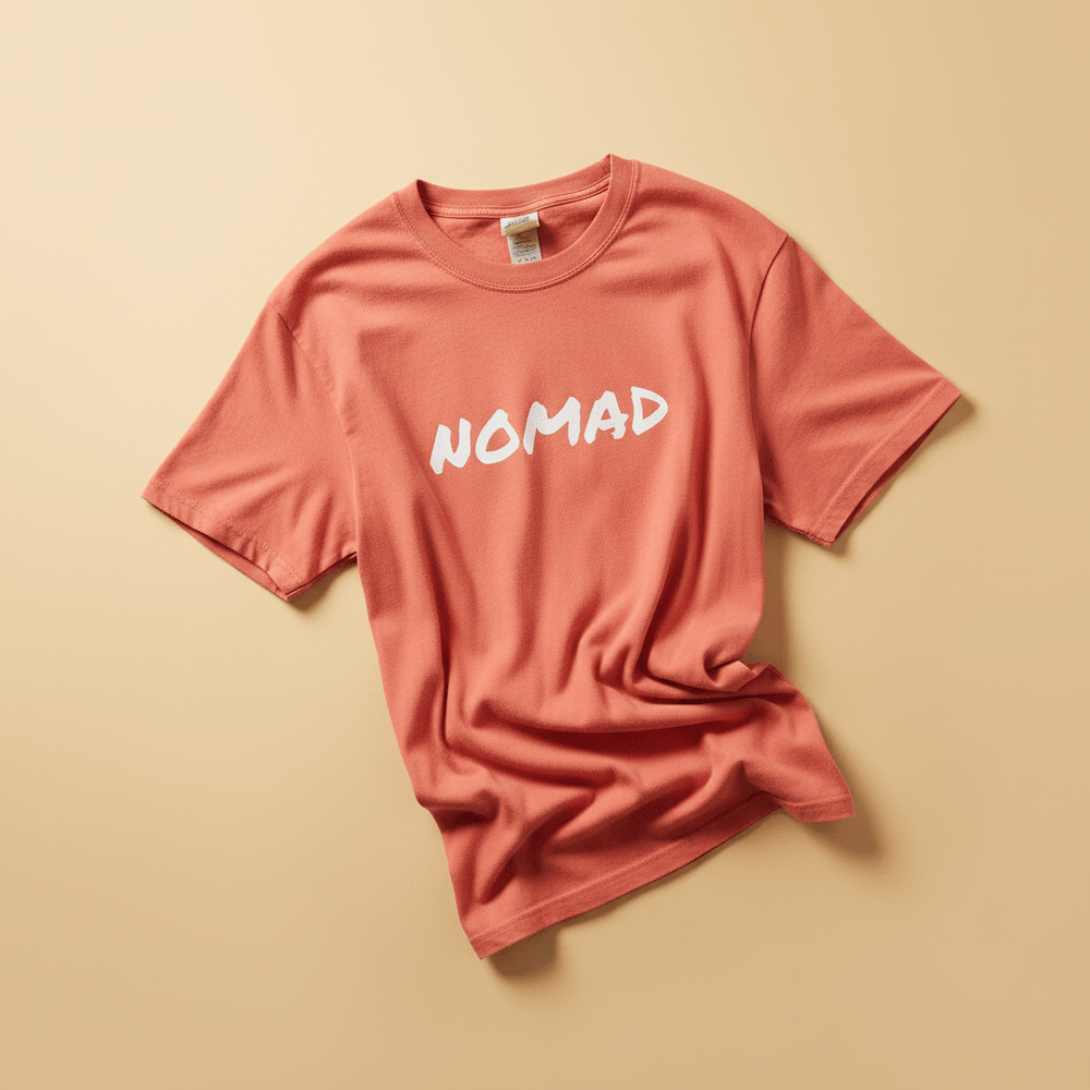 NOMAD Tee in Bright Salmon/Coral — front graphic, warm sand studio background